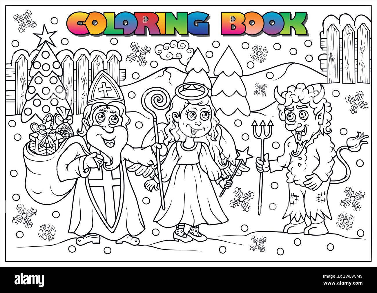 Libro da colorare invernale per bambini - Babbo Natale, diavolo e angelo Illustrazione Vettoriale