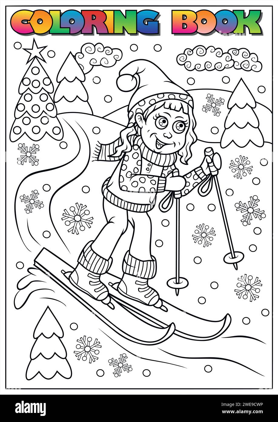 Libro da colorare invernale per bambini (inverno, Natale, angelo, diavolo, tema) Illustrazione Vettoriale