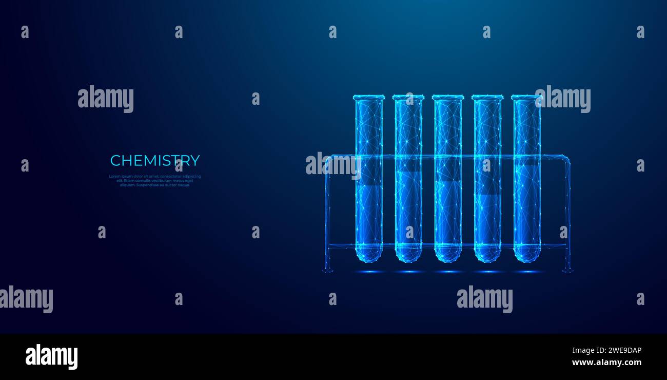 Rack per provette con tecnologia futuristica su sfondo blu. Illustrazione Vettoriale