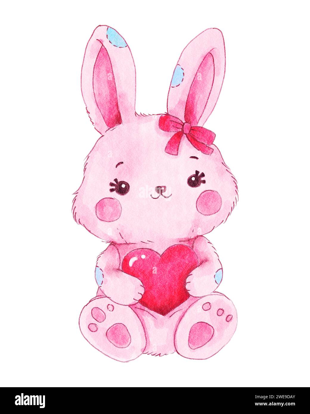 Bambola coniglio abbraccia cuore. Oggetto San Valentino . Elementi di pittura ad acquerello . Illustrazione . Foto Stock