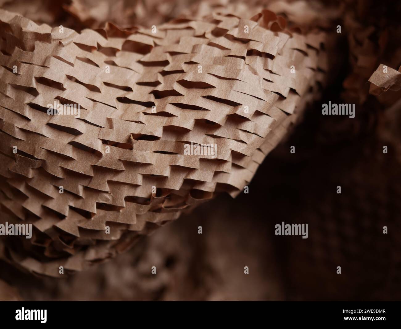 Stucco di carta per pacchi. Carta da imballaggio a nido d'ape marrone Kraft con fessure. Primo piano di carta da artigianato schiacciata. Carta da costruzione riciclata. Posiziona per testo Foto Stock