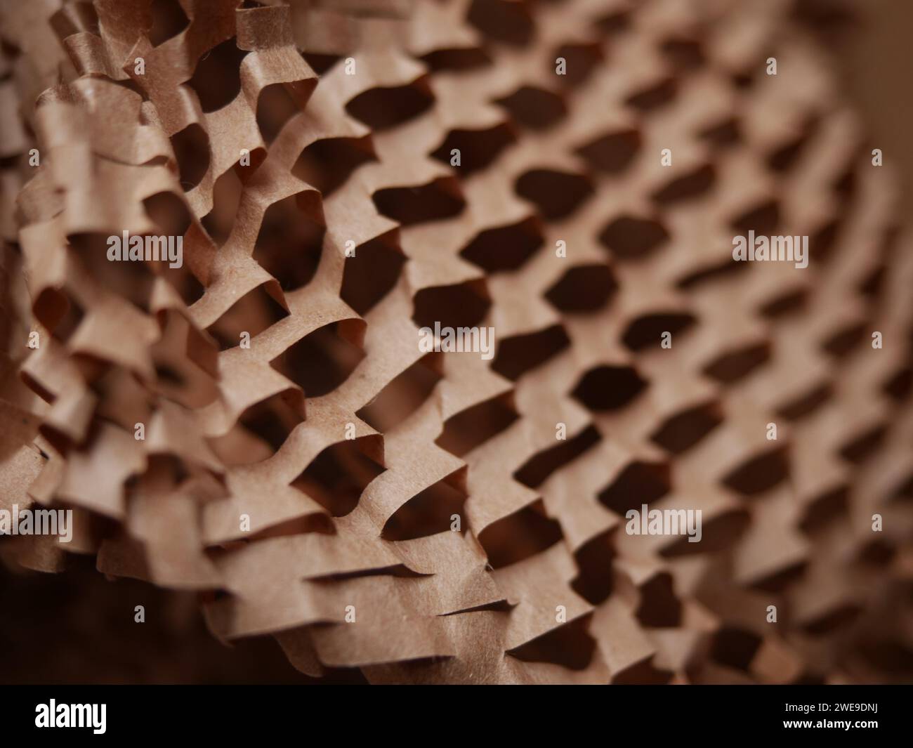 Stucco di carta per pacchi. Carta da imballaggio a nido d'ape marrone Kraft con fessure. Primo piano di carta da artigianato schiacciata. Carta da costruzione riciclata. Posiziona per testo Foto Stock