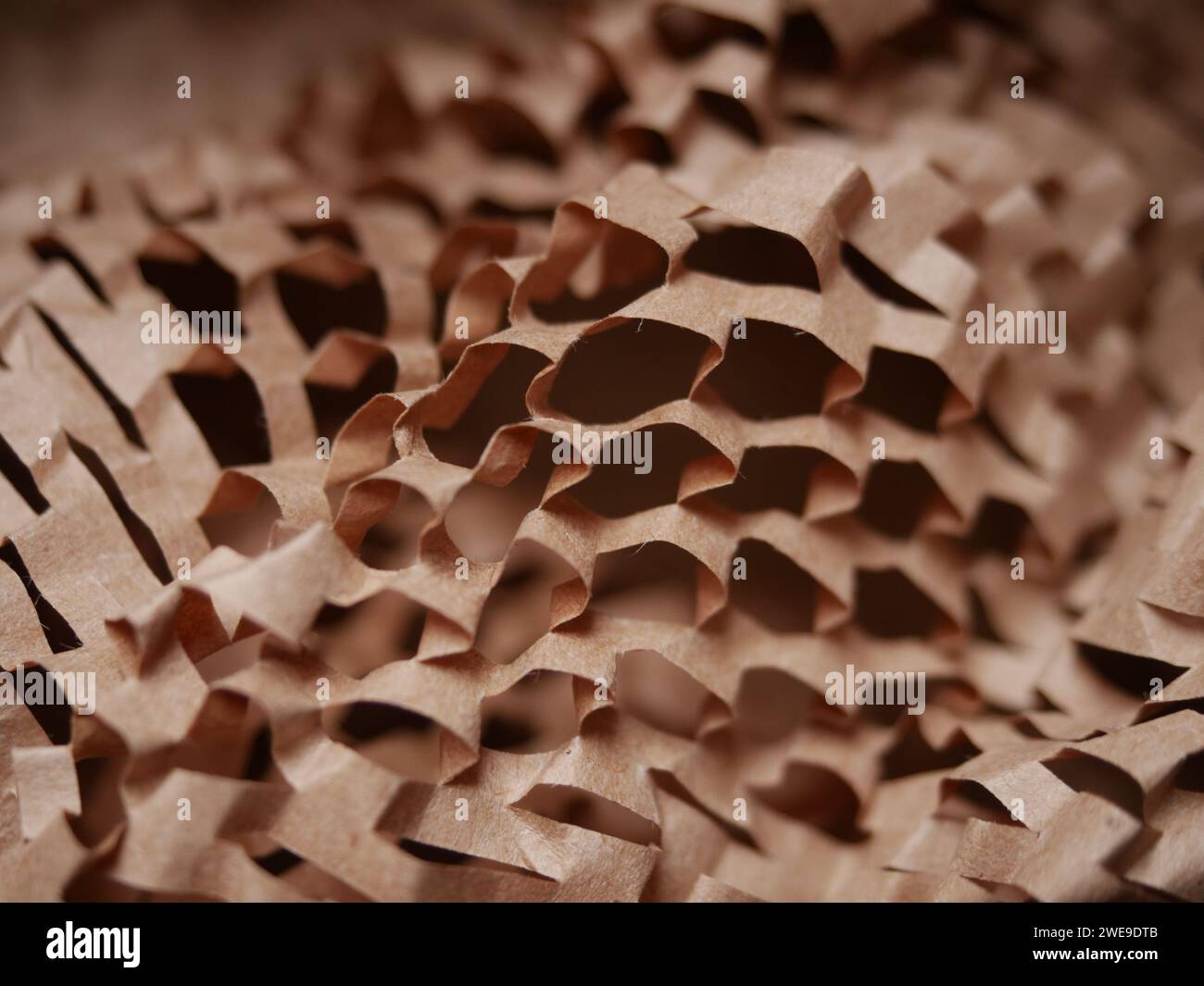 Stucco di carta per pacchi. Carta da imballaggio a nido d'ape marrone Kraft con fessure. Primo piano di carta da artigianato schiacciata. Carta da costruzione riciclata. Posiziona per testo Foto Stock