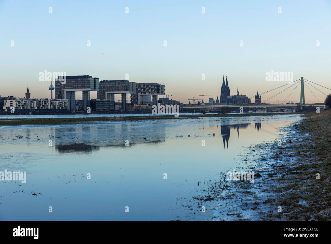 Vista dalle pianure alluvionali del fiume Reno nel distretto di Deutz alle Crane Houses nel porto di Rheinau e alla cattedrale, lievi inondazioni, Colonia, Ger Foto Stock