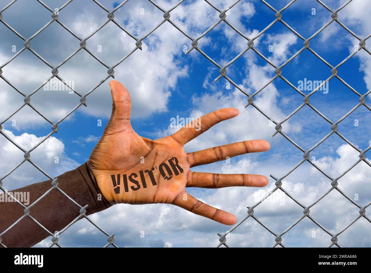 Die Hand eines Ausländers hinter einem Maschendrahtzaun, Loch, Schlupfloch, Hilfe, Flüchtling, Asyl, migranti, migrazioni, Ausländer, Schwarz, Afrikaner Foto Stock