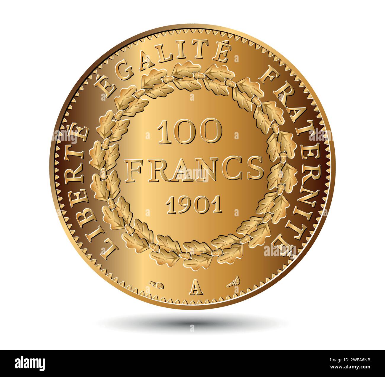 Moneta da 100 franchi in oro francese, isolata su sfondo bianco. Illustrazione vettoriale. Illustrazione Vettoriale