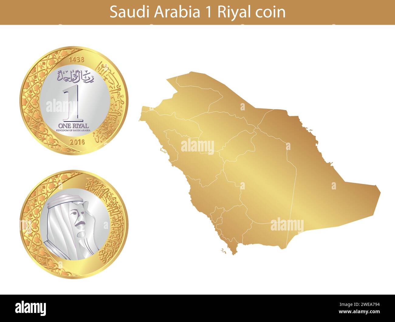 1 riyal. Moneta di riyal vettoriale dell'Arabia Saudita. Illustrazione vettoriale isolata sullo sfondo di una mappa dell'Arabia Saudita. Illustrazione Vettoriale