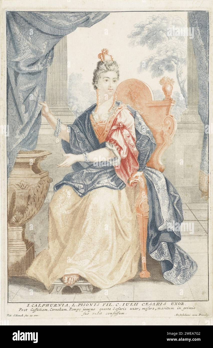 Portret van Calpurnia Pison, Pieter Schenk (1), 1675 - 1711 stampa Amsterdam carta incisione/incisione collana (+ abiti da donna). Famiglia di un sovrano, e corte - BB - governante femminile Foto Stock