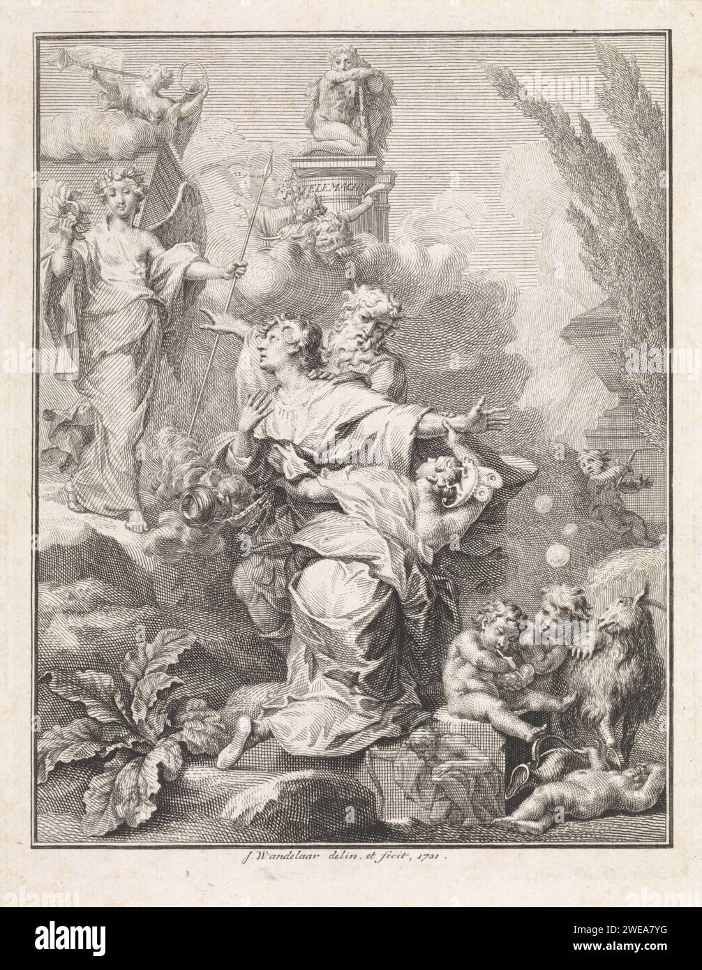 Spettacolo allegorico con Telemachus, Jan Wandelaar, stampa del 1731 Telemachus guarda una figura alata desiderosa di una figura alata, dove un vecchio gli indica. Viene fermato da una donna, con un incenso in mano. Sullo sfondo di un monumento un leone con frecce impacchettate, poesia e una figura femminile che punta a un libro. In alto a sinistra, la fama soffia sulla tromba, un simbolo di eternità nelle sue mani. Sulla destra, un putto si attacca al cuore con un pugnale. Putti in primo piano che soffiano bolle su una capra. Incisione/incisione della carta nei Paesi Bassi del Nord (storia di) Telemachus. Fame; Foto Stock