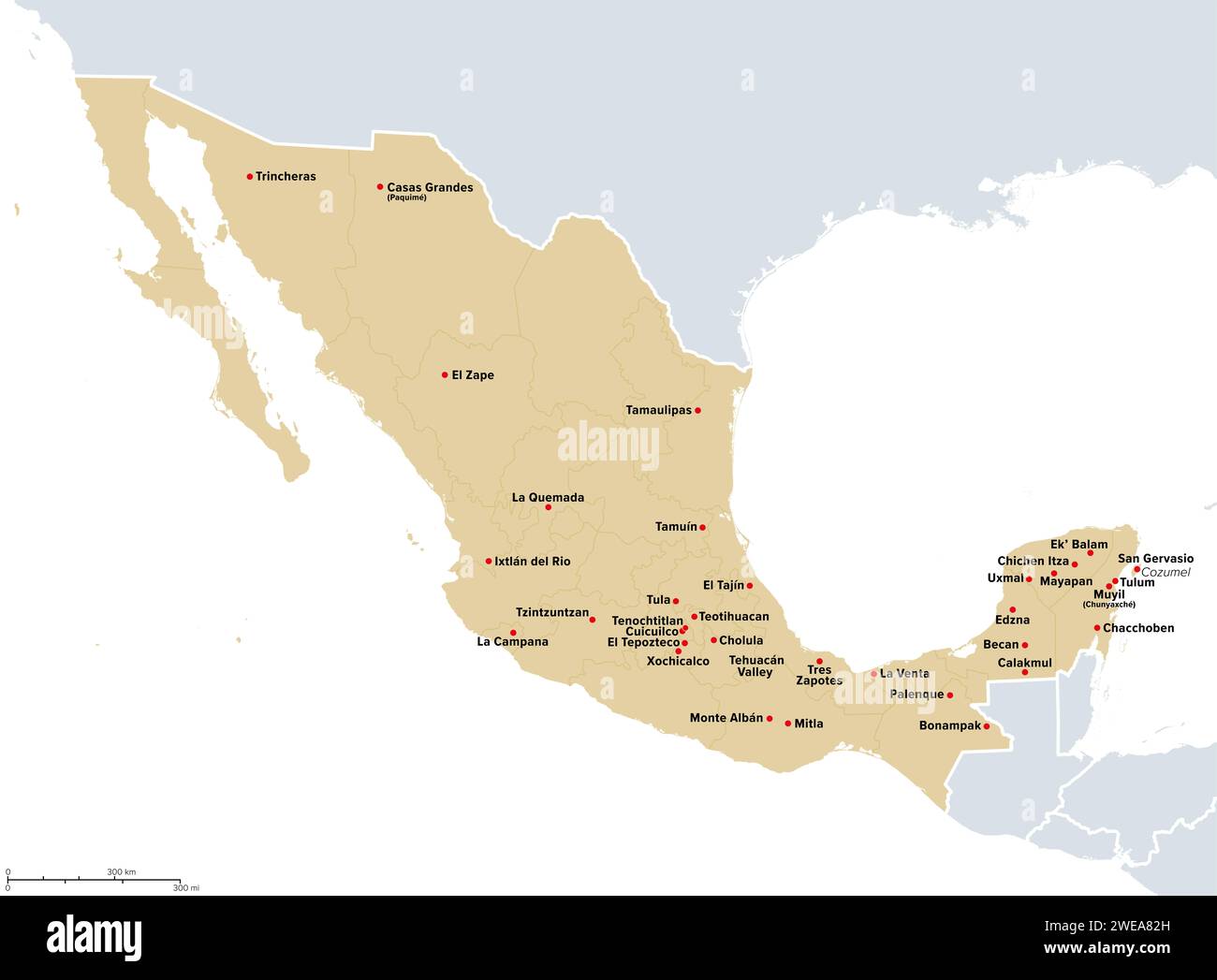 Messico, i siti archeologici più importanti, mappa politica. Mappa del Messico con i confini dei suoi attuali stati e luoghi del Messico precolombiano. Foto Stock