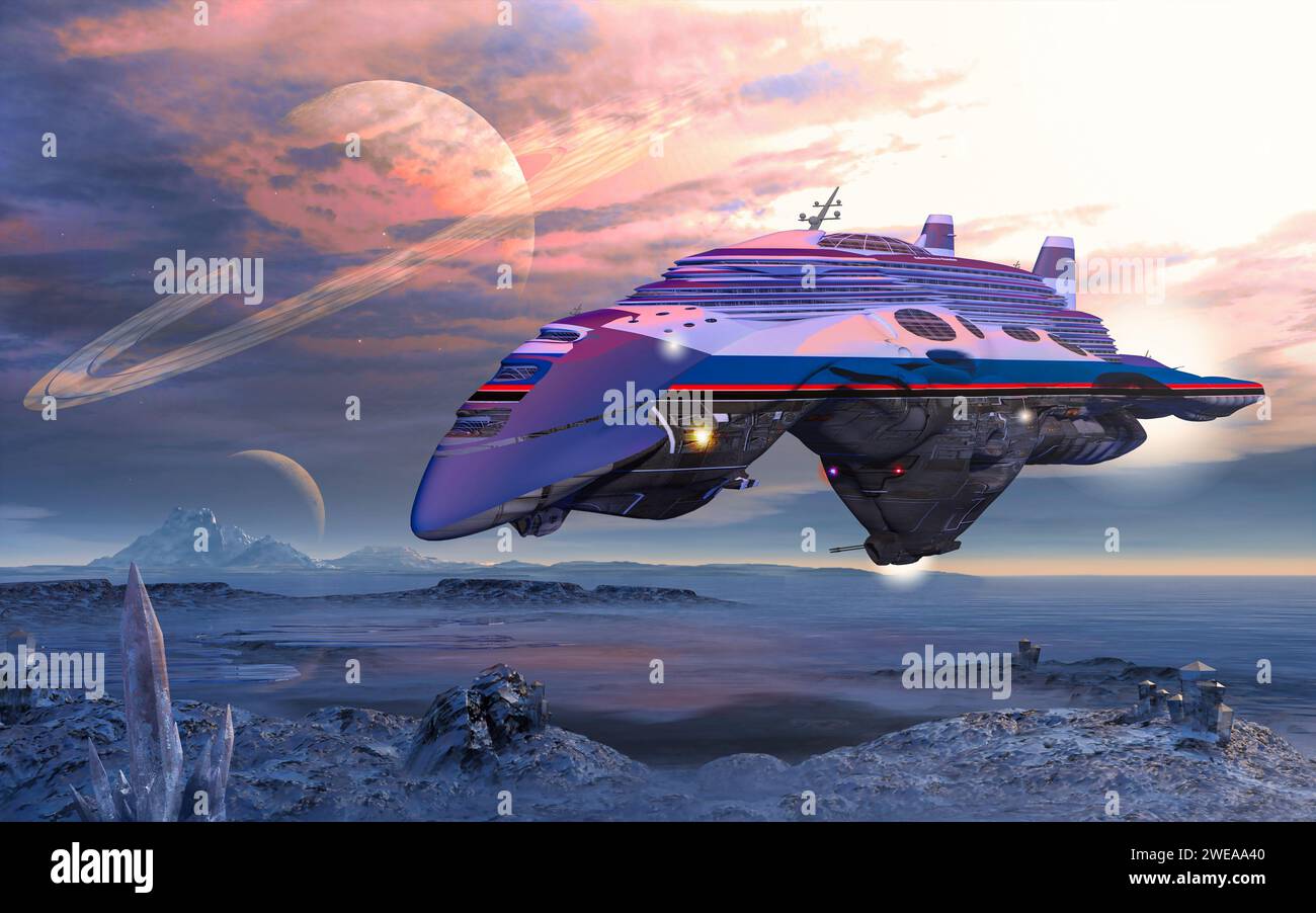 Gigantesca nave da crociera galattica che si libra su un pianeta alieno, rendering 3D. Foto Stock