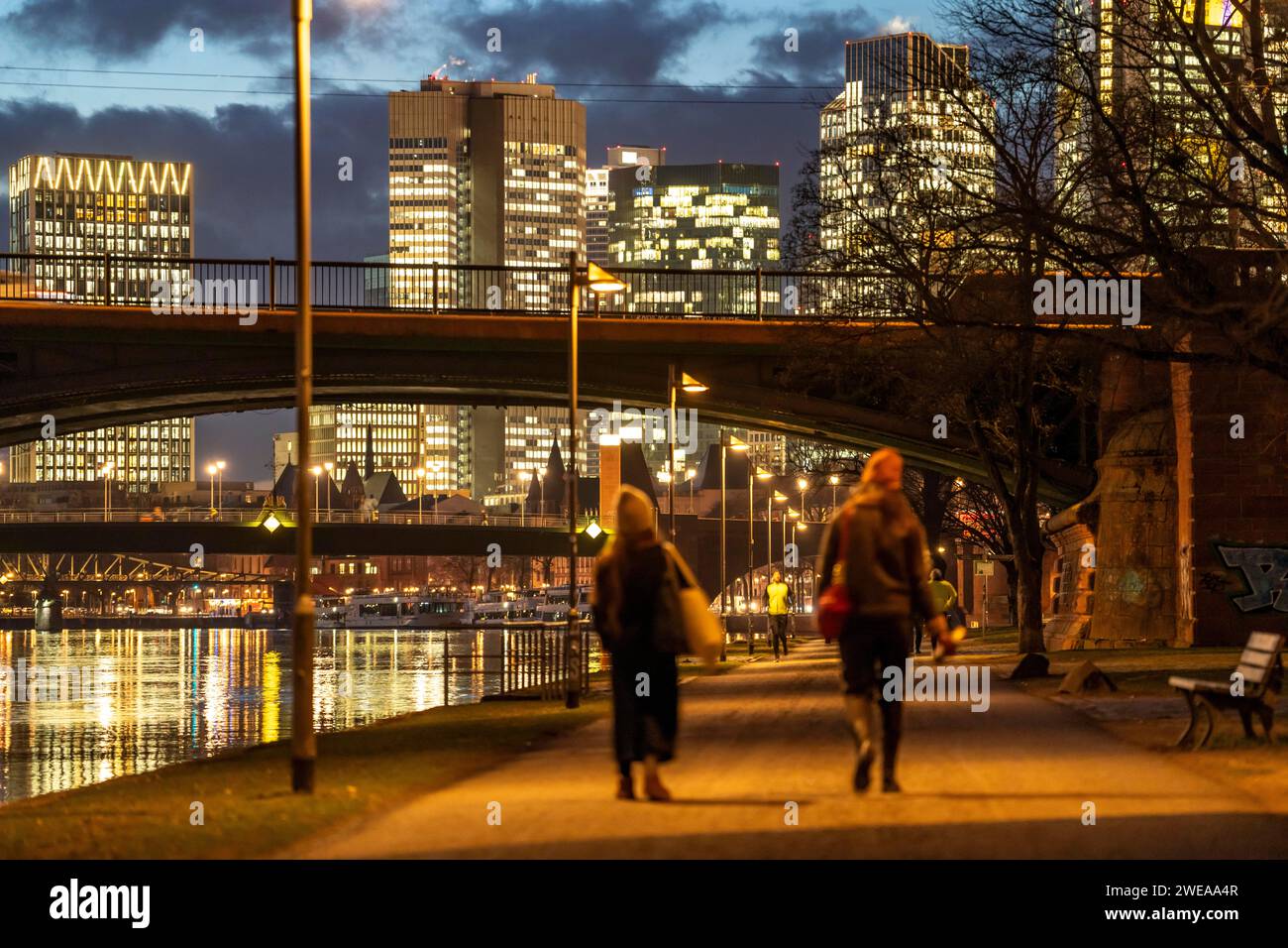 Skyline del centro città di Francoforte sul meno, percorso ciclabile e pedonale, passeggiata, lungo il fiume meno, tramonto, Assia, Germania Foto Stock