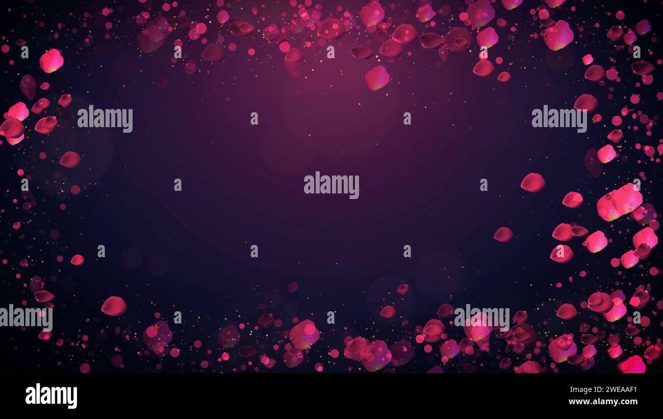 Cornice con petali di rosa con luci e particelle sullo sfondo. San Valentino, Festa della mamma, primavera, estate, sfondo fiorito. Foto Stock