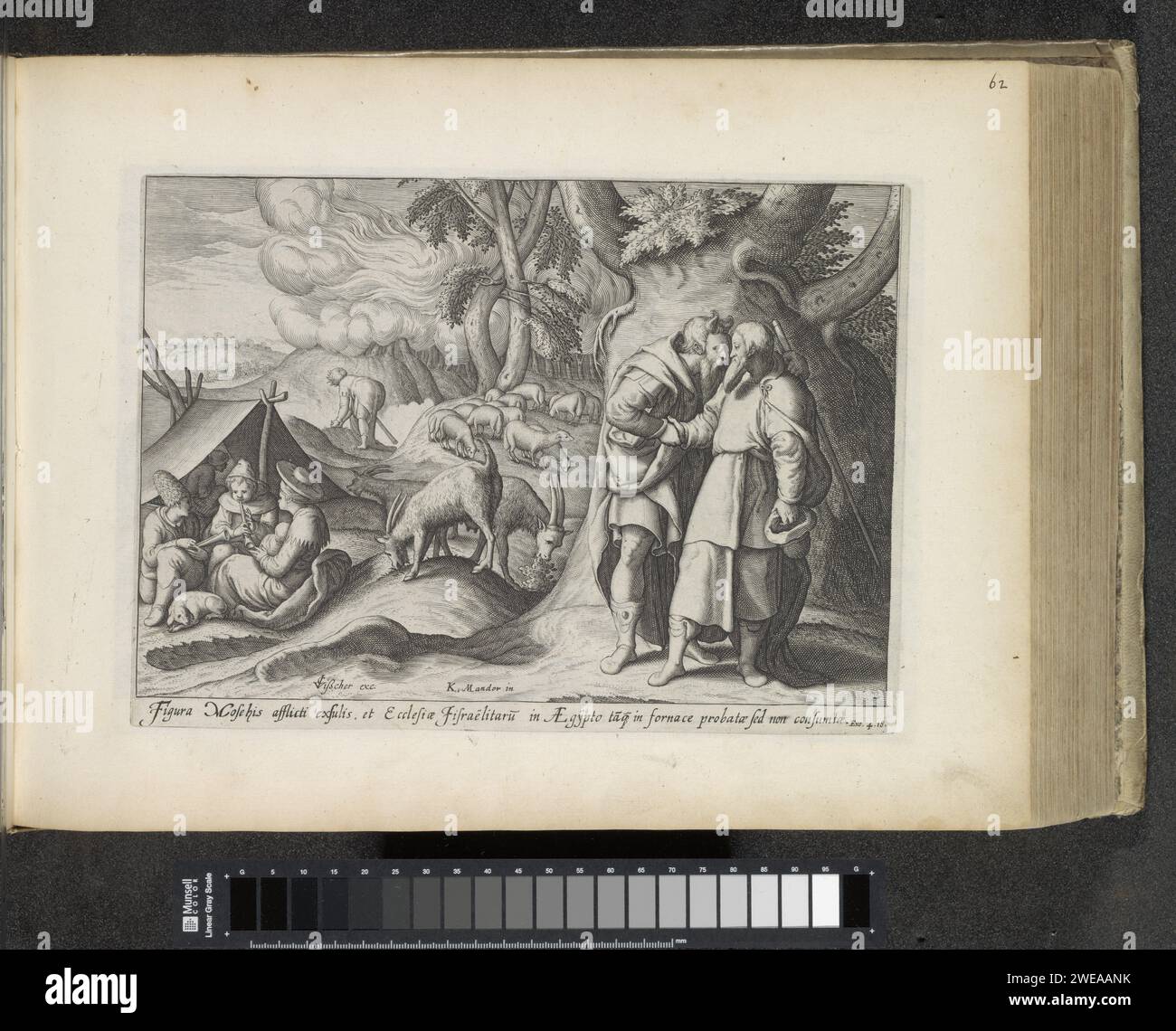 Moses e Jetro, stampa del 1643 Moses dice addio al suocero Jetro per tornare in Egitto. Pastori sinistri. Sotto la performance un riferimento in latino al testo della Bibbia in ex. 4:18. Questa stampa fa parte di un album. Incisione di carta di Amsterdam Mosè e Jethro parting ~ la chiamata di Mosè Foto Stock