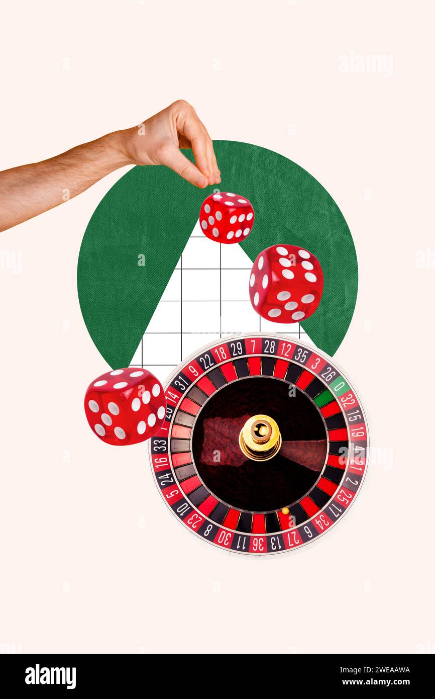 Poster di collage creativo verticale gioco d'azzardo roulette rotanti rotolamento dadi combinazione jackpot fortunato vincitore estrazione sfondo Foto Stock
