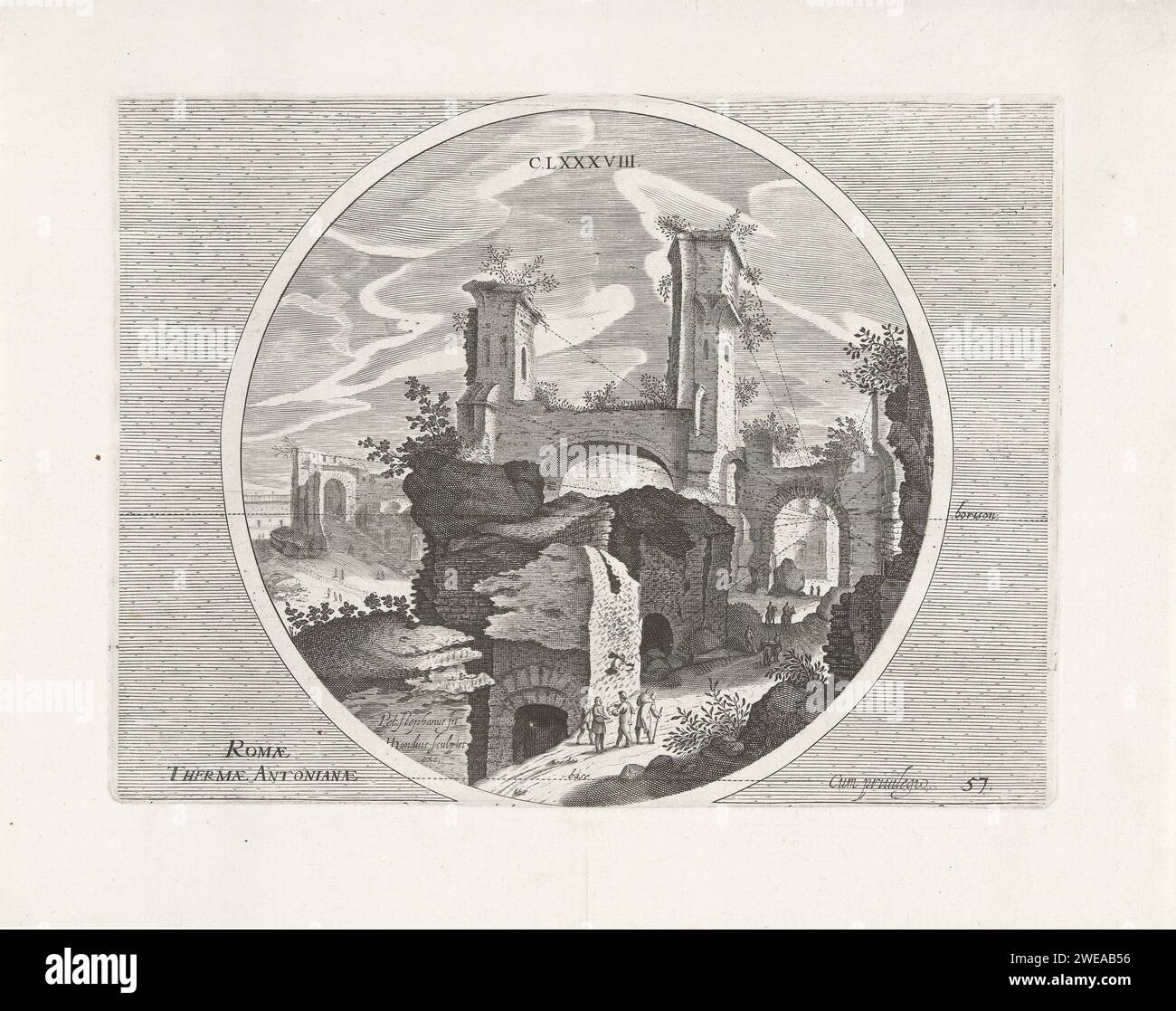 Baden da Caracalla, Hendrick Hondius (i), dopo Petrus Stephanus, stampa del 1600 veduta delle rovine delle terme di caracalla, con figure. Le linee tratteggiate di Perspectivic collegano gli edifici e il primo piano con l'orizzonte. Da leggere: Horison (a destra) e: Base (in basso). In cerchio. In alto: C.LXXXVIII. Stampa da una serie di sei con esibizioni di rovine romane. L'Aia incide su carta bagni pubblici. Rovina di un edificio  architettura terme di Caracalla. Roma Foto Stock