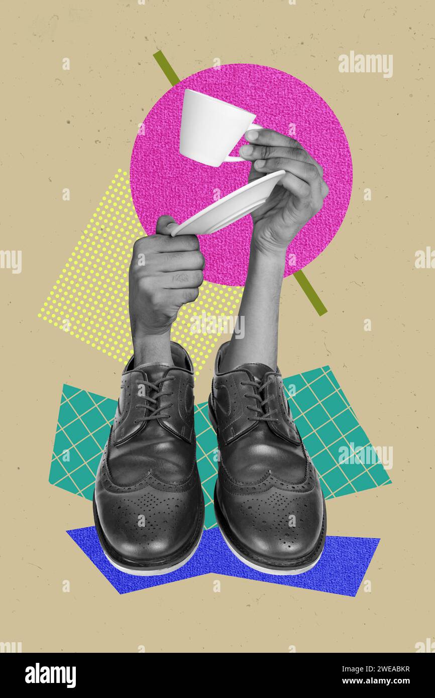 Collage immagine 3d di pinup pop schizzo retrò di Hands hold coffee House tea cup man Shops Sales strana strana fantasia insolita e bizzarra Foto Stock