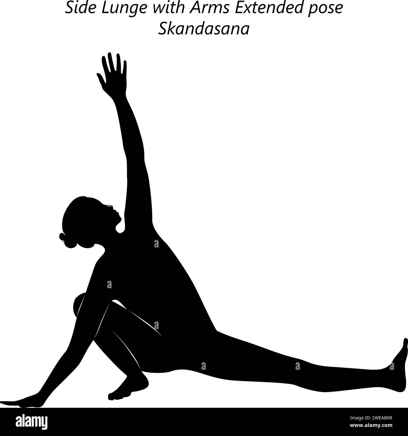 Silhouette di donna che fa yoga Skandasana. Affondo laterale con posa estesa dei bracci. Difficoltà intermedia. Illustrazione vettoriale isolata Illustrazione Vettoriale