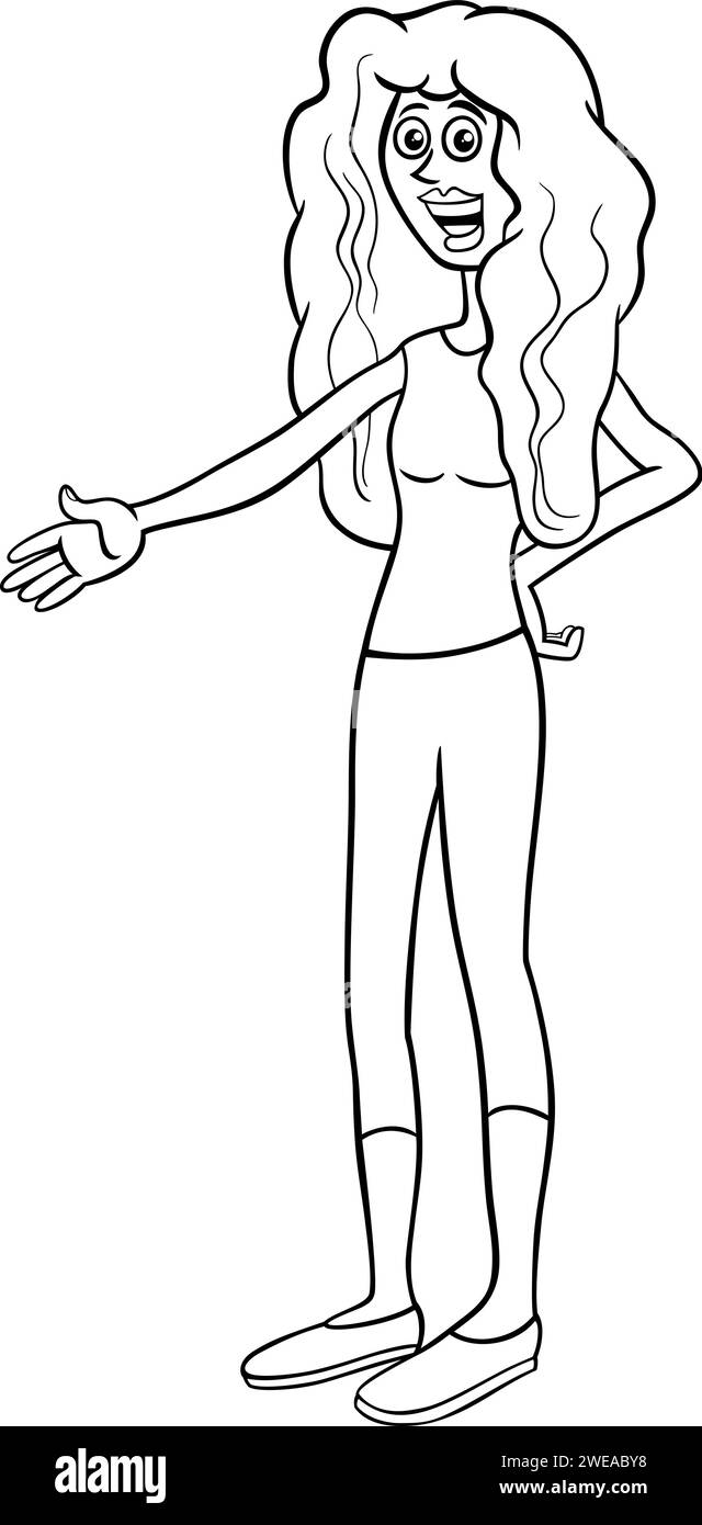 Illustrazione di cartoni animati di una ragazza divertente o di una giovane donna pagina di colorazione dei personaggi Illustrazione Vettoriale