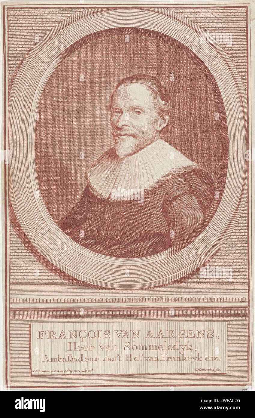 Ritratto di Francois van Aerssen, Jacob Houbraken, dopo Aert Schouman, dopo Michiel Jansz van Mierevelt, 1749 - 1759 stampa Busto a sinistra di Francois van Aerssen, signore di Sommelsdijk, in un ovale. Sotto il ritratto il suo nome e il suo titolo. Incisione su carta di Amsterdam Foto Stock