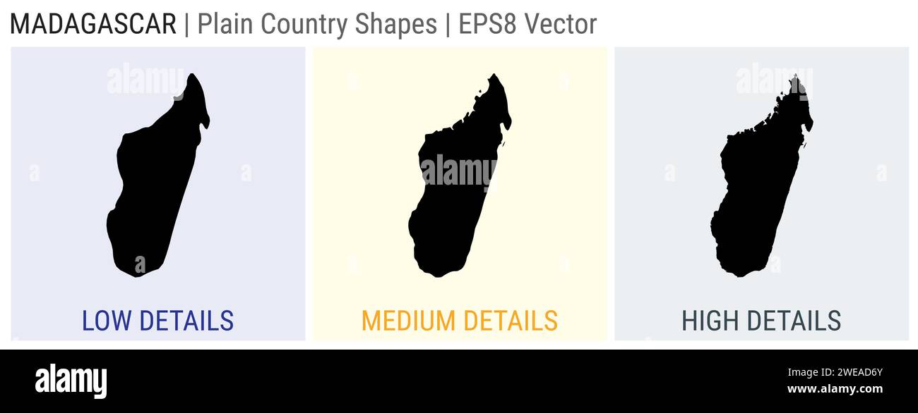 Madagascar - forma di campagna semplice. Mappe dettagliate basse, medie e alte del Madagascar. Illustrazione del vettore EPS8. Illustrazione Vettoriale