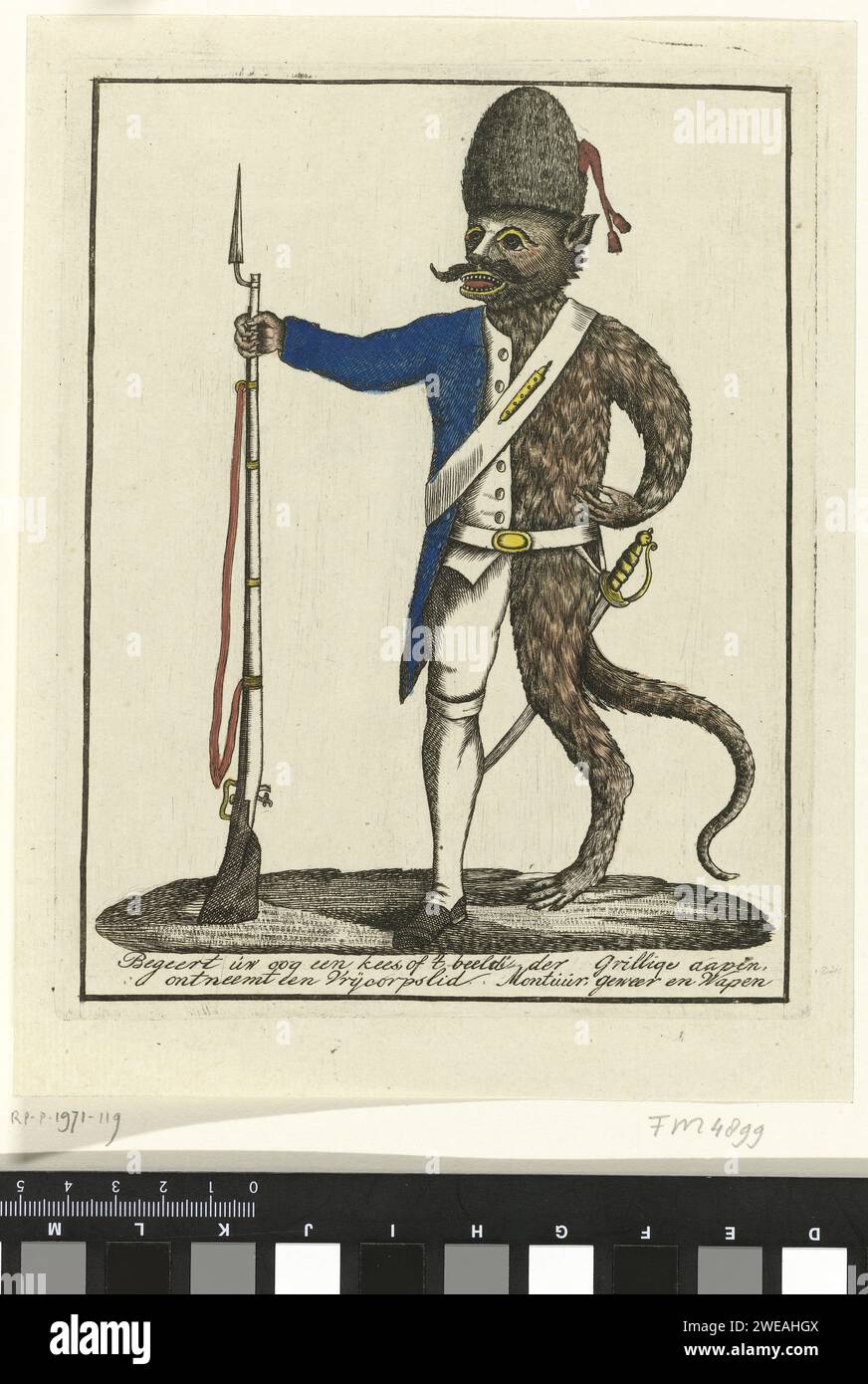 Cartoon on the Kees, 1787, Anonymous, 1787 Cartoon on the Kees with Rifle, presentato metà come un tiratore patriottico e metà come una scimmia. In fondo a un verso a due righe. Guerra per incisioni cartacee nei Paesi Bassi del Nord; affari militari (+ soldati cittadini, guardie civili, milizie cittadine). animali che agiscono come esseri umani Foto Stock