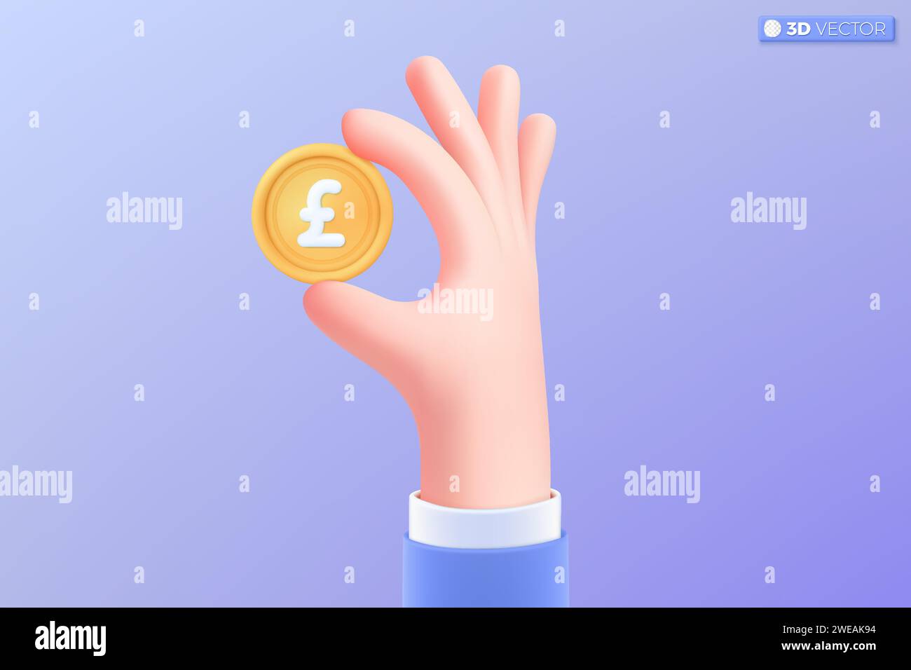 simbolo della moneta d'oro 3d realistico con mano e sterlina. Denaro contante, valuta, investimento, profitto o guadagno, finanza o concetto di casinò. iso vettoriale 3D. Illustrazione Vettoriale