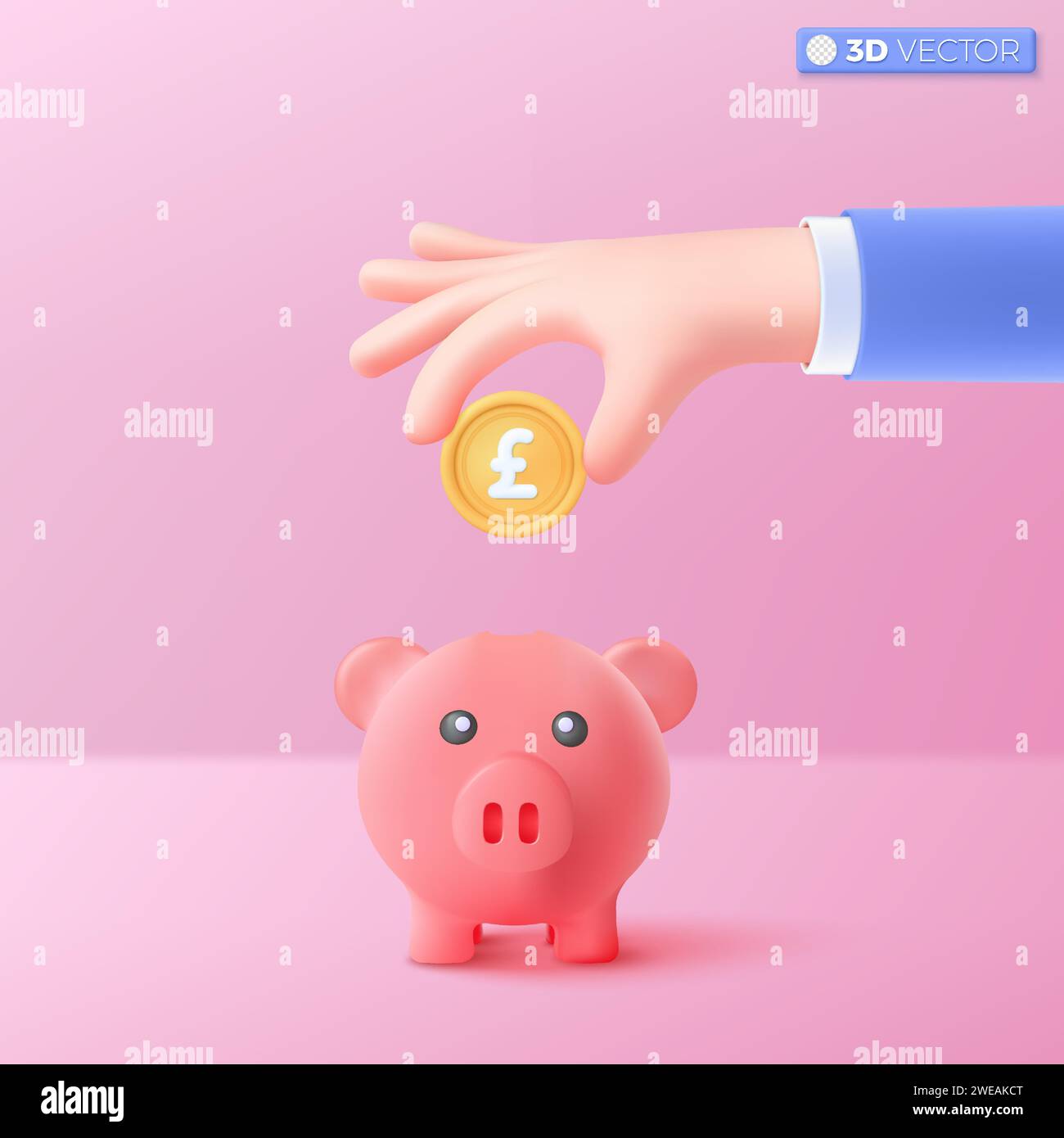 simbolo dell'icona della mano e del salvadanaio 3d. profitto e crescita, moneta d'oro della sterlina. Concetto di business creativo per lo storage di denaro, finanziario e finanziario. Vettore 3D. Illustrazione Vettoriale
