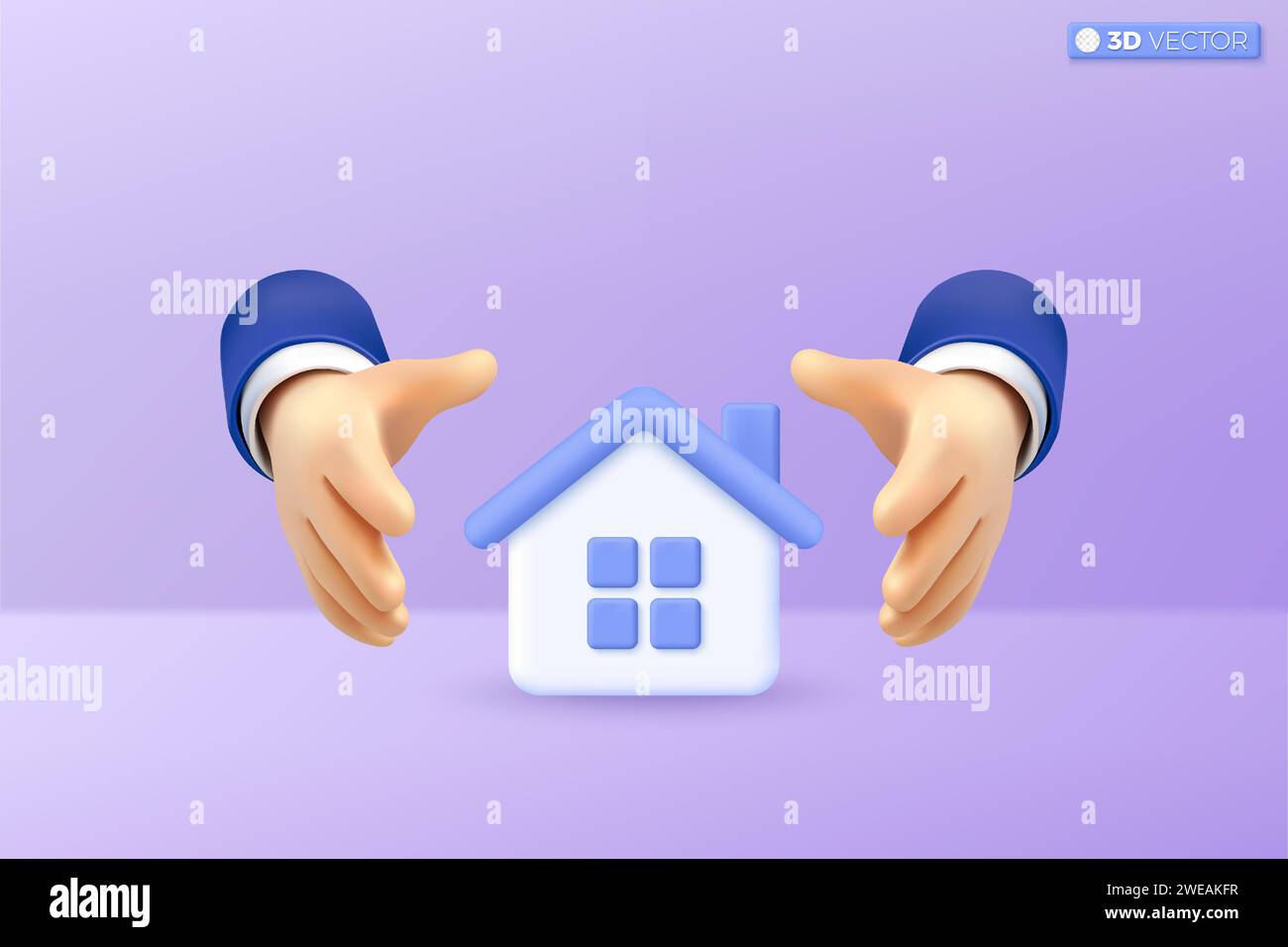 simbolo dell'icona della protezione della casa per la protezione delle mani 3d. Assicurazione servizio di assicurazione casa, protezione dal pericolo, fornitura di concetto di sicurezza, malato isolato vettore 3D. Illustrazione Vettoriale