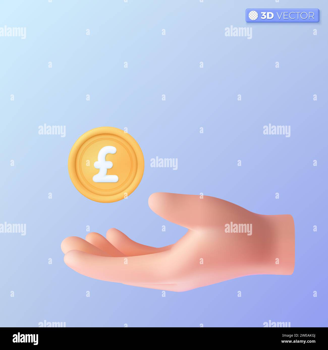 simbolo della moneta d'oro 3d realistico con mano e sterlina. Denaro contante, valuta, investimento, profitto o guadagno, finanza o concetto di casinò. iso vettoriale 3D. Illustrazione Vettoriale