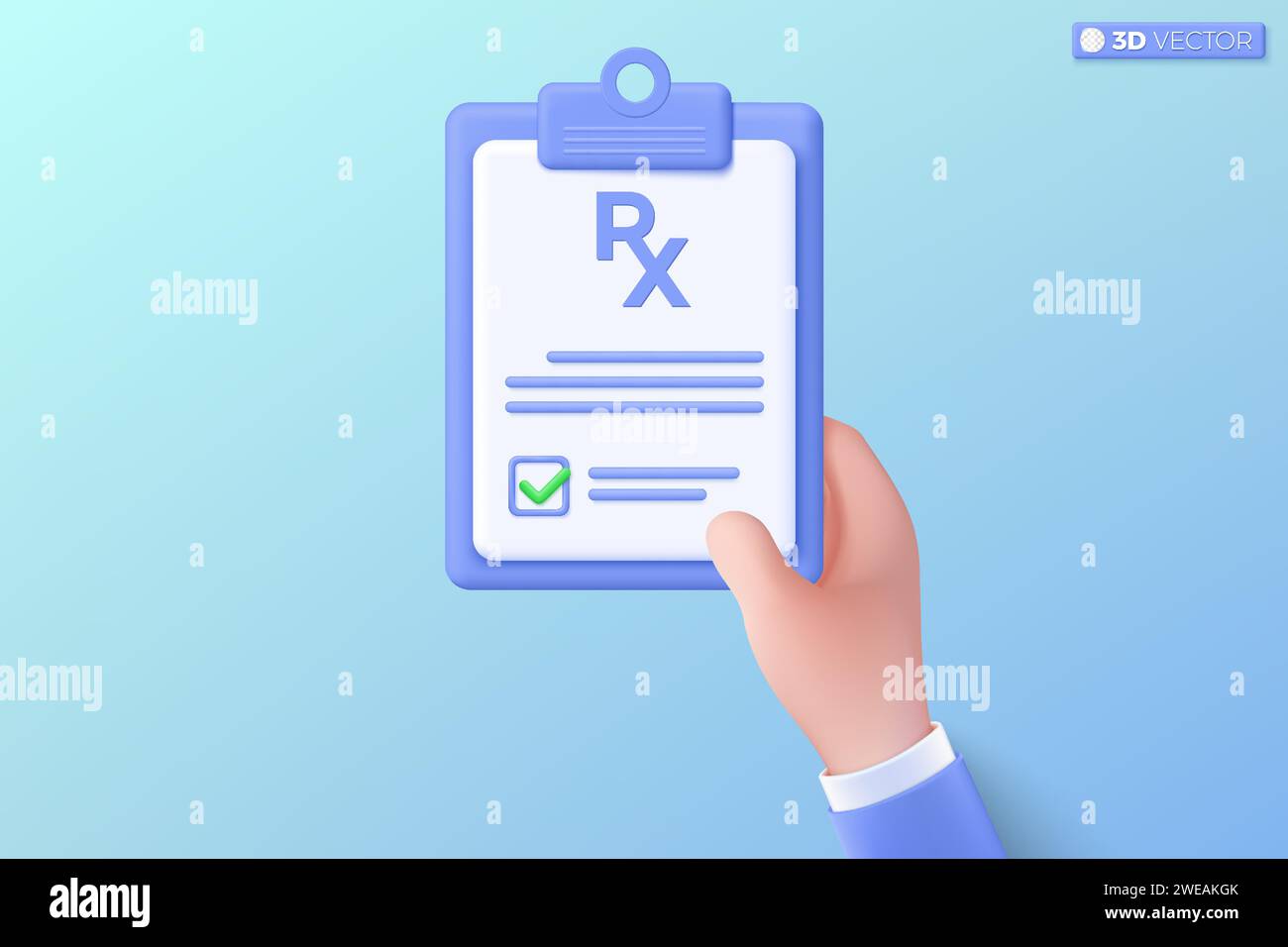 Prescrizione 3D RX con pillole e capsula sul simbolo dell'icona degli Appunti. Controllo di pronto soccorso e assistenza sanitaria, farmacia, concetto di modulo di carta medico. Il vettore 3D è Illustrazione Vettoriale