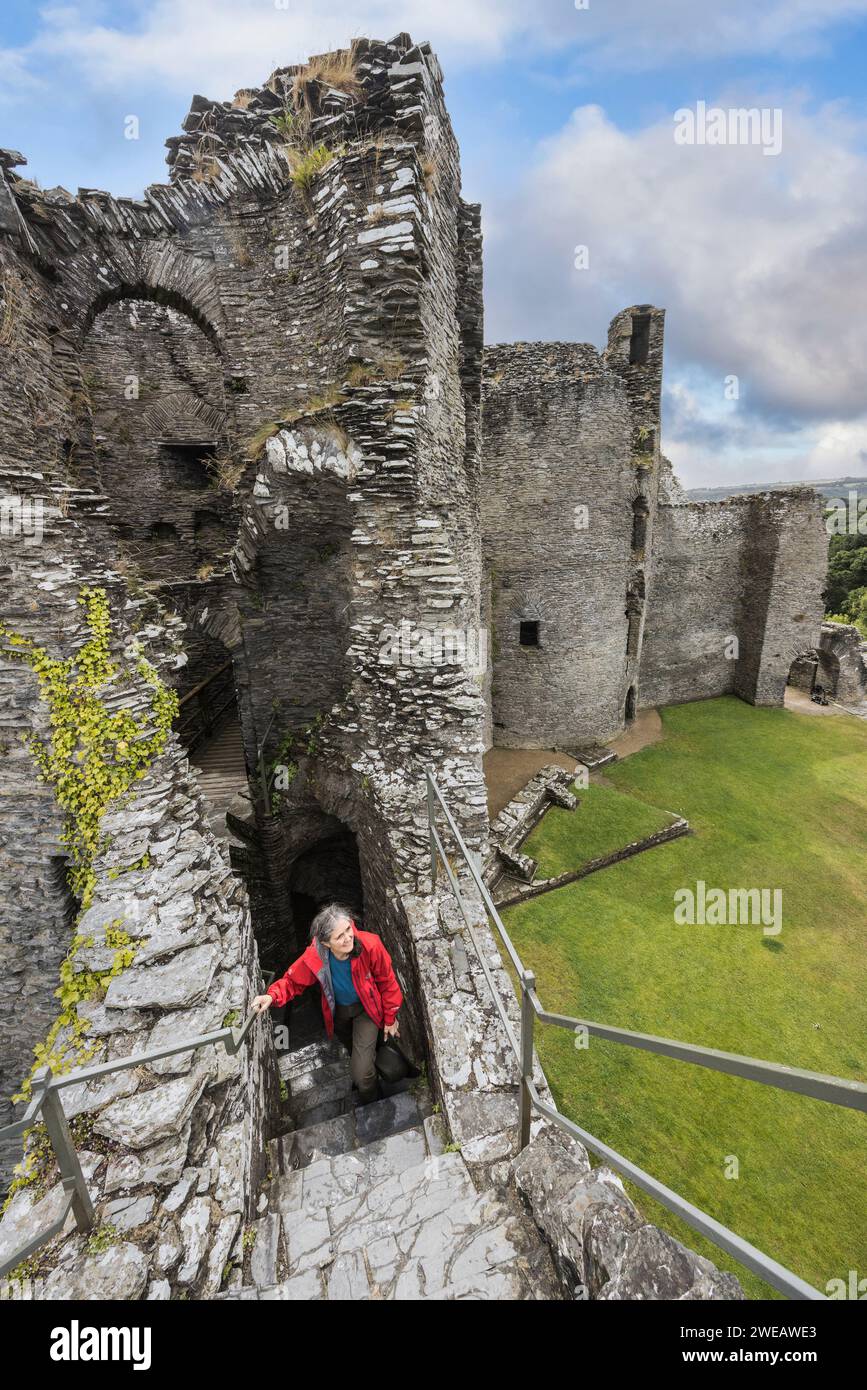 Visitatore donna che sale le scale nelle rovine del castello di Cilgerran, Pembrokeshire, Galles, Regno Unito Foto Stock