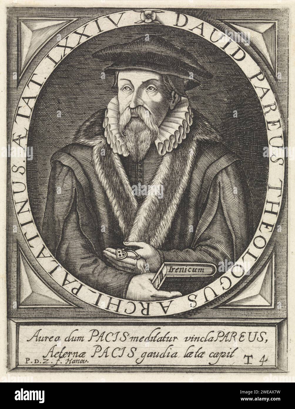 Il porto Van David Pareus, Paul de Zetter, 1622 - 1624 stampa Ritratto di David Pareus, teologo protestante, all'età di 74 anni. Nella parte inferiore di un testo a due righe in latino. Numerato in basso a destra: T4. Incisione di carta Hanau Foto Stock