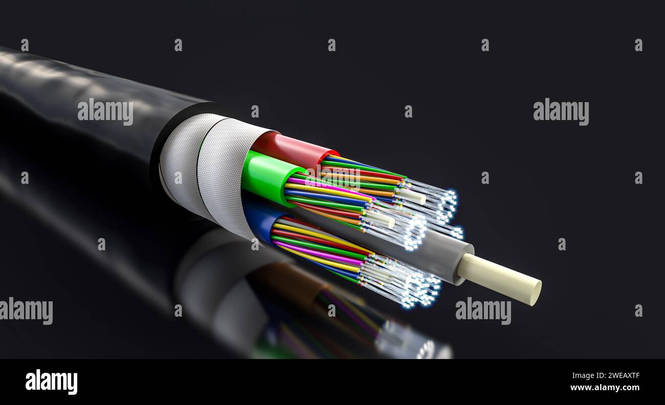 cavo in fibra ottica su sfondo nero. rendering 3d. Foto Stock