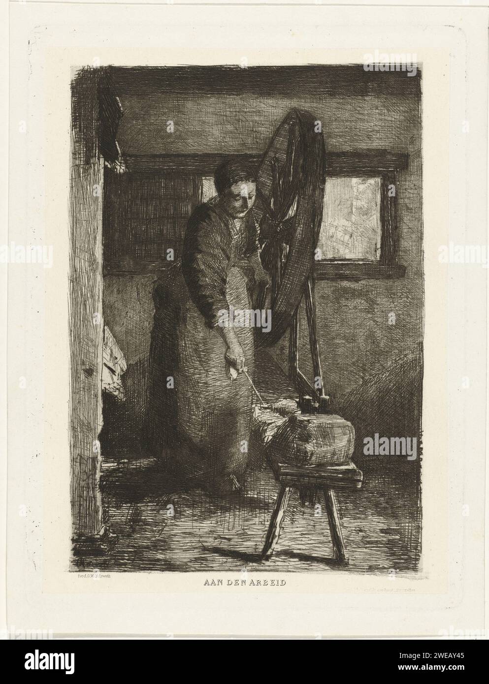 Sinster at Work, Ferdinand Oldewelt, 1872 - 1913 stampa carta olandese. incisione/filatura a secco (fabbricazione di filati). ruota che gira a vuoto Foto Stock