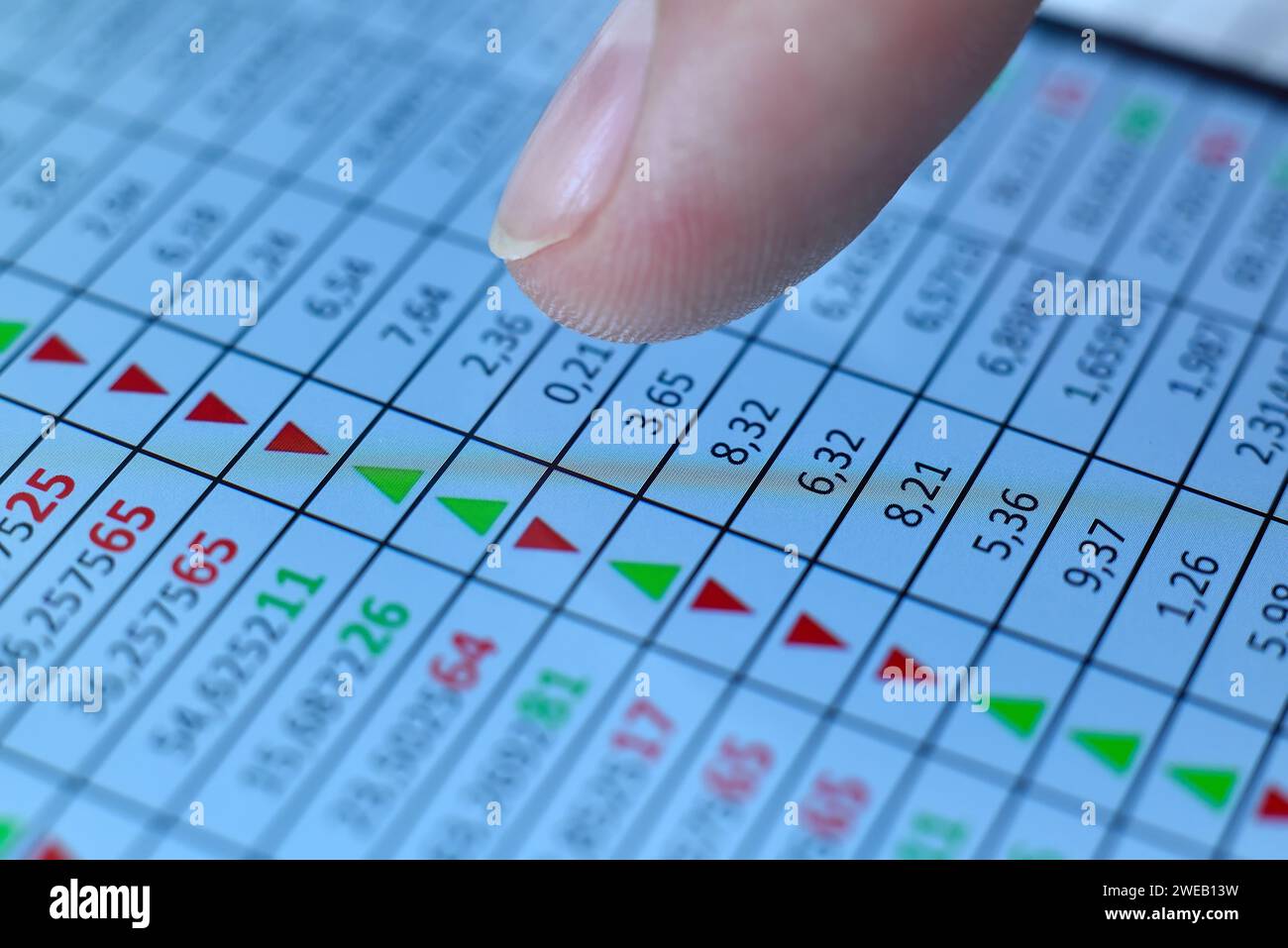 Primo piano del dito utilizzando i numeri finanziari sullo schermo dello smartphone. Concetto di dati di marketing e stock. Foto Stock