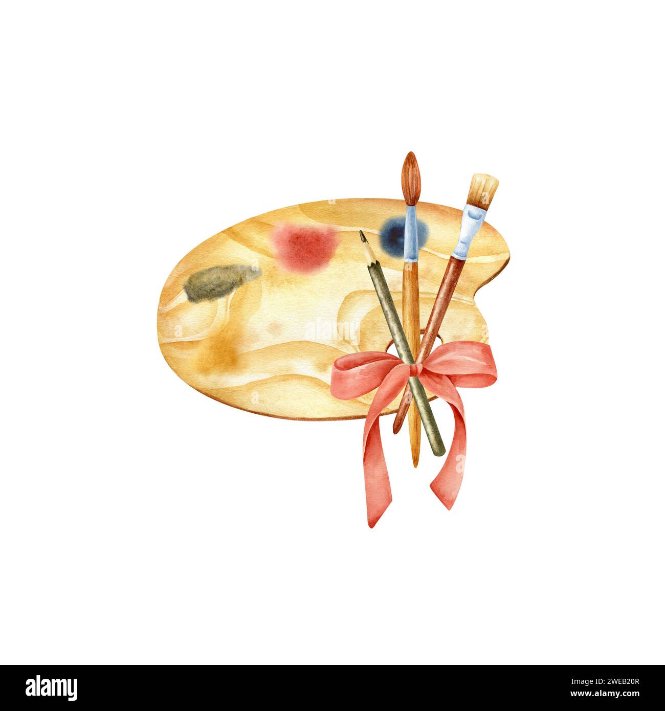 Illustrazione isolata con materiali artistici fatti a mano, pennelli, vernici, matite, acquerelli su sfondo bianco. Foto Stock