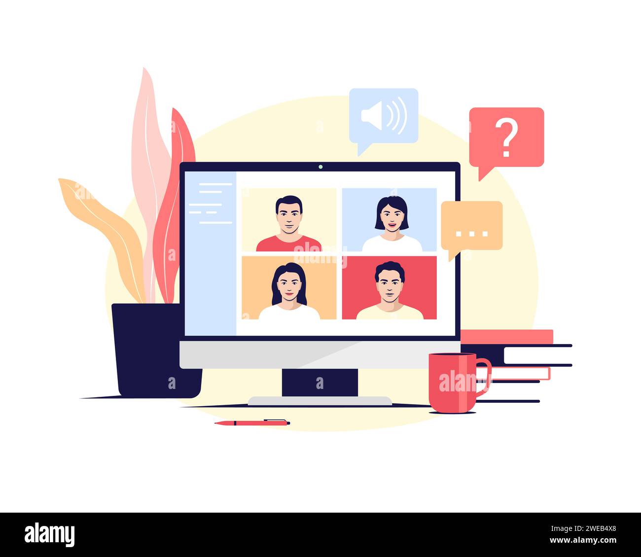 Videoconferenza, videochiamata, lavoro online Illustrazione Vettoriale