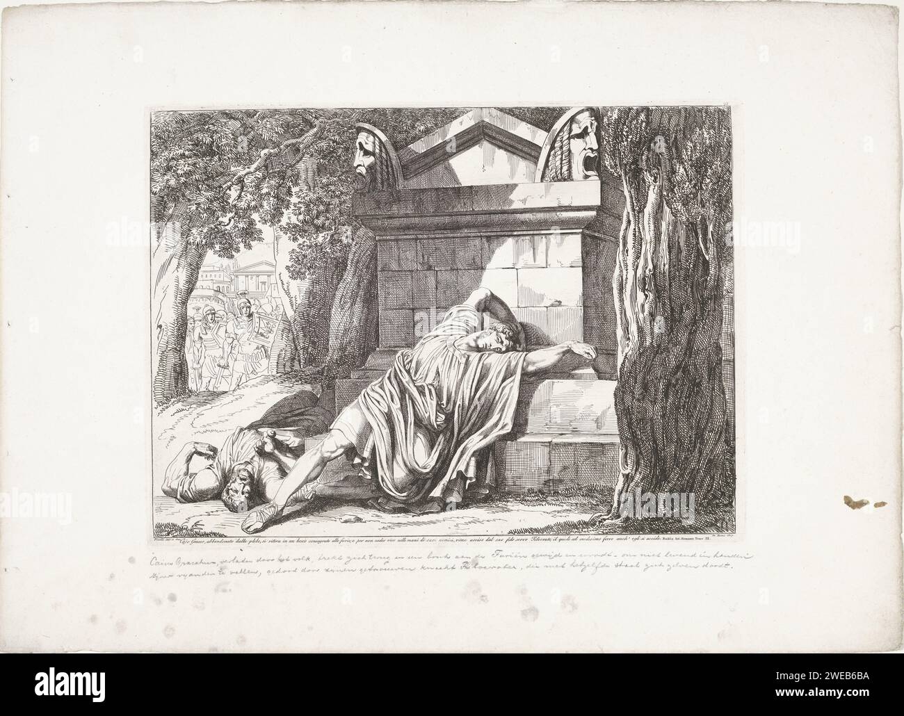 Il furgone Doood ottiene Gracchus, Bartolomeo Pinelli, stampa del 1817 Gaio Gracco e il suo servo Filocrate sono morti di fronte a un monumento in una foresta. Su richiesta di Gracchus, Filocrate lo uccise e poi si suicidò. Sullo sfondo l'esercito in avvicinamento del nemico. Carta di Roma che incide la morte di Gaio Sempronio Gracco: Per sfuggire ai suoi assalitori, offre a un fedele schiavo di ucciderlo. (Storia di) Gaio Sempronio Gracchus Foto Stock