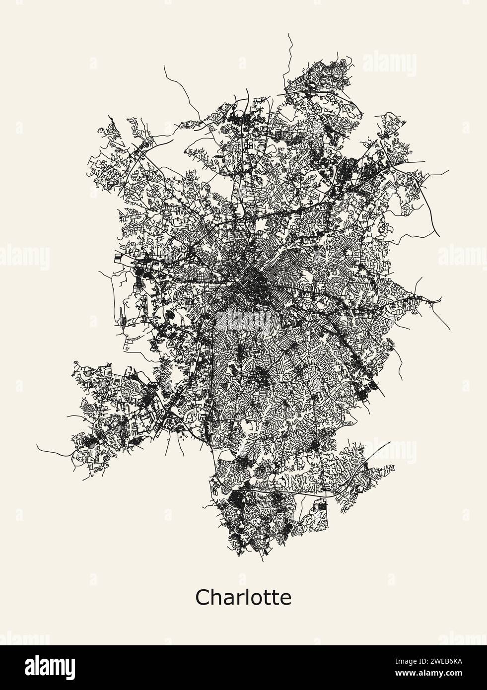 Mappa stradale della città di Charlotte, North Carolina, Stati Uniti Illustrazione Vettoriale
