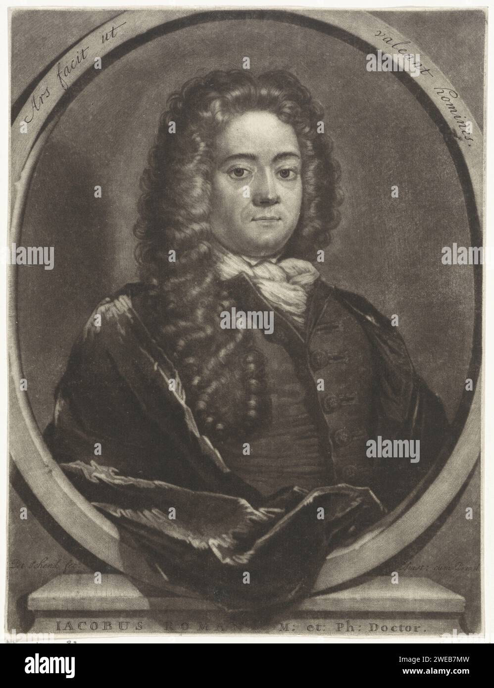 Ritratto delle Arti Jacob Roman, Pieter Schenk (i), 1670 - 1713 stampa Amsterdam carta incisione parrucca Foto Stock