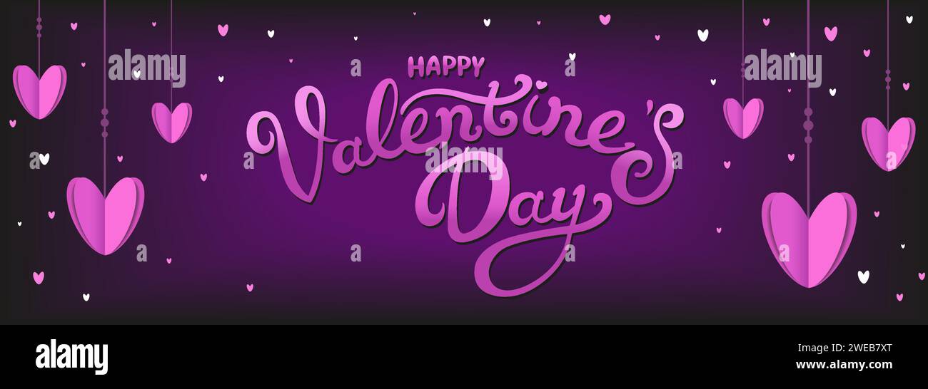 Cuori Vector Hanging con testo entro San Valentino. Lettere carine. Sfondo viola nero in stile piatto. Per biglietti d'auguri, logo, vendita, prodotto, design Illustrazione Vettoriale