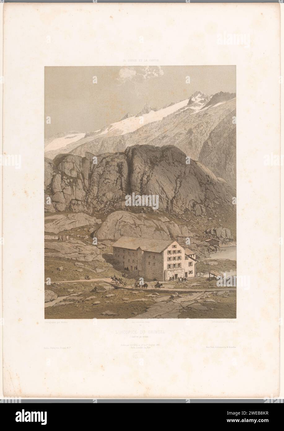 Vista dell'hotel sulle Grimselpas, Eugène Cicéri, stampatrice 1859: Parisafter foto di: Parisprinter: Parispublisher: Parispublisher: New York (città) catena montuosa di carta, cime della neve (+ paesaggio con figure, personale). strada, percorso. Hotel, ostello, inn Grimselpas Foto Stock