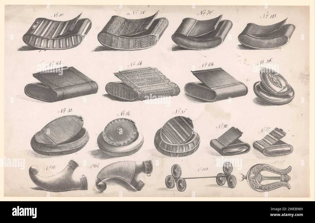 Scatole per lettiere, anonime, 1820 - 1840 disegni stampati per tredici lettiere, possibilmente scatole da nuff e altri quattro oggetti. Tutte le stampe sono numerate. Germania stili di carta nelle belle arti (+ sviluppi successivi). scatola di sicurezza Foto Stock