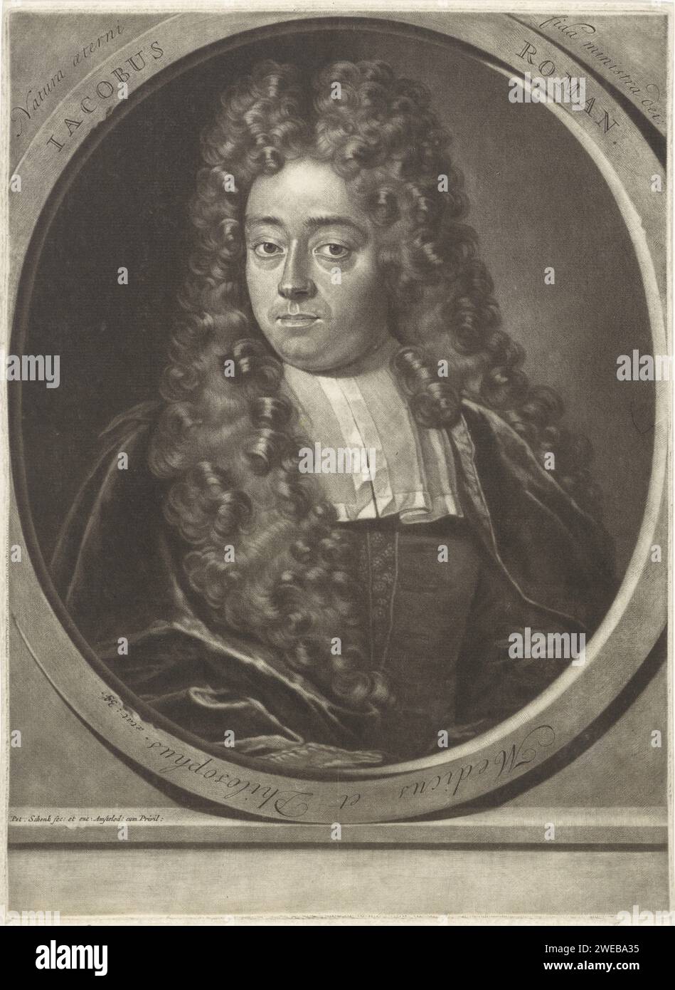 Ritratto di Jacob Roman, Pieter Schenk (i), 1670 - 1713 stampa il medico Jacob Roman. Indossa una parrucca lunga. Parrucca per incisione in carta Amsterdam Foto Stock