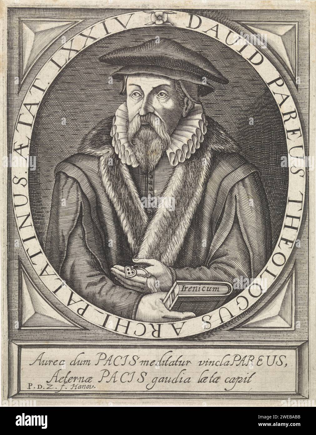 Il porto Van David Pareus, Paul de Zetter, 1622 - 1624 stampa Ritratto di David Pareus, teologo protestante, all'età di 74 anni. Nella parte inferiore di un testo a due righe in latino. Incisione su carta Hanau / stampa su carta Foto Stock