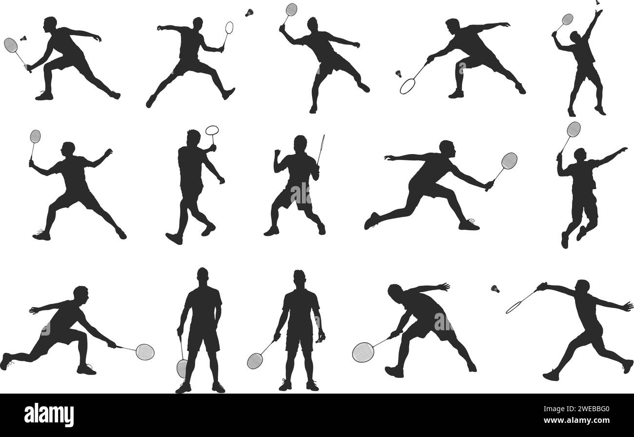 Silhouette dei giocatori di badminton, silhouette di Badminton, Clipart dei giocatori di Badminton, pacchetto icone dei giocatori di Badminton. Illustrazione Vettoriale