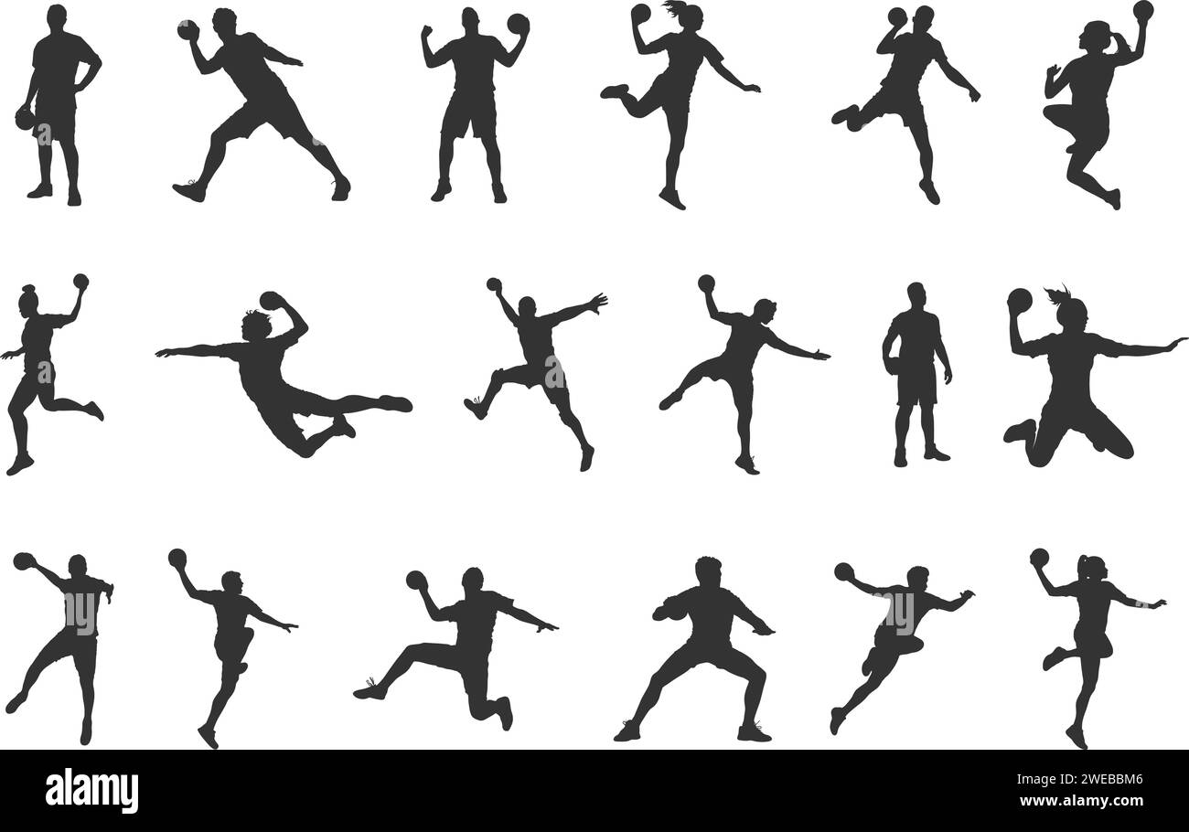 Silhouette del giocatore di pallamano, silhouette di pallamano, illustrazione vettoriale del giocatore di pallamano, icona del giocatore di pallamano Illustrazione Vettoriale