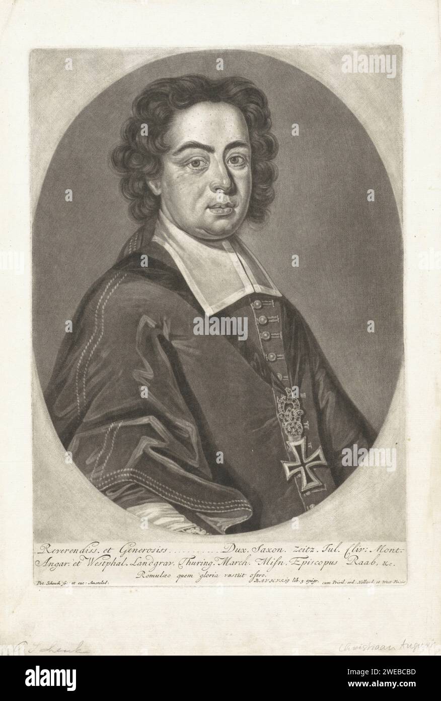 Ritratto di Christian August, duca di Sassonia -Zeitz, vescovo di Raab, Pieter Schenk (i), 1670 - 1713 stampa Amsterdam incisione su carta Foto Stock