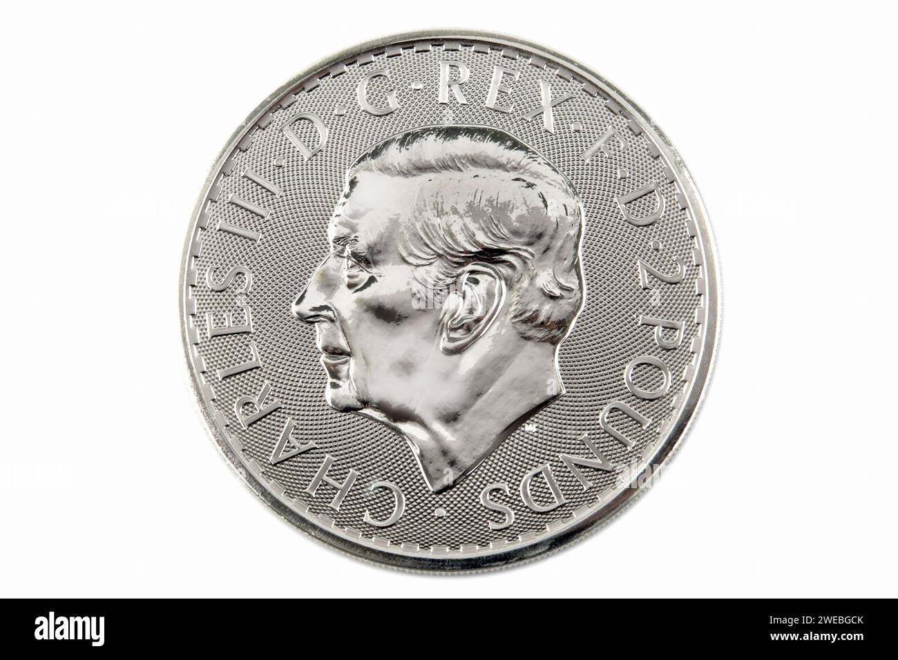 Regno Unito, Carlo il terzo, moneta da 1 oz 2 libbre d'argento con il ritratto del nuovo re inglese Foto Stock